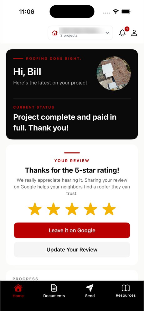 PITCH Roofing app project screen