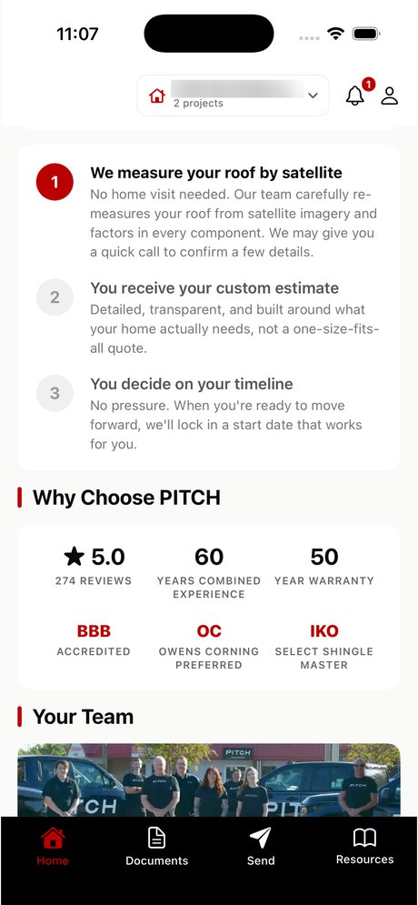 PITCH Roofing app explaining how a custom roof estimate is prepared