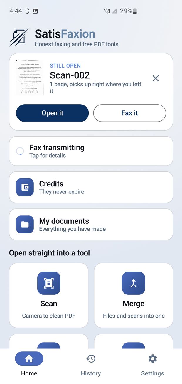 SatisFaxion fax app screen